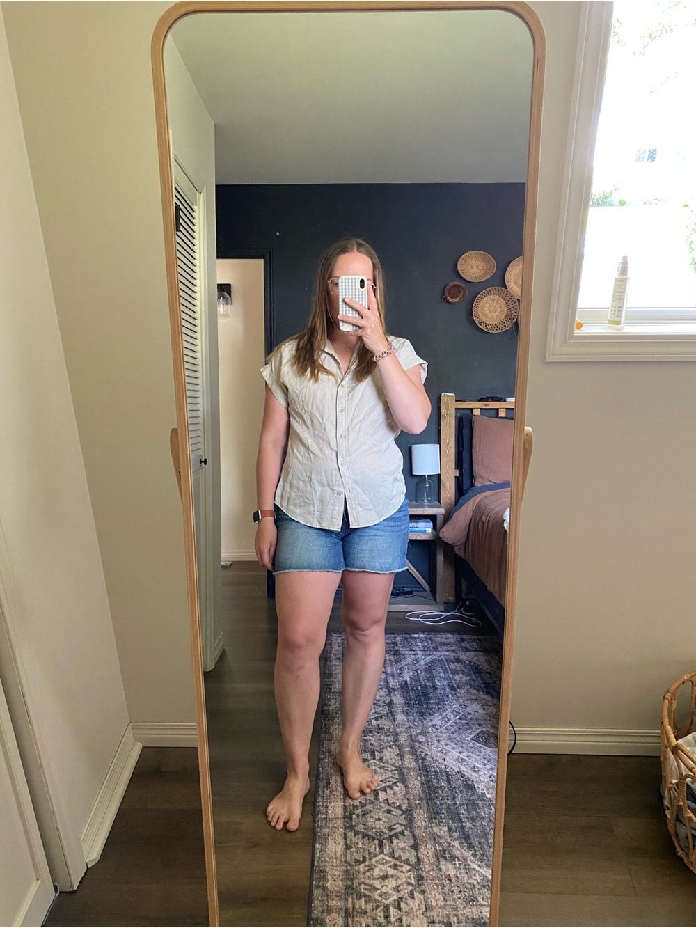 Casual White & Beige Button-Up Short Sleeve Shirt